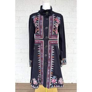Johnny Was Navy Floral Cross Stitch Embroidered Button Front Long Jacket Coat  M